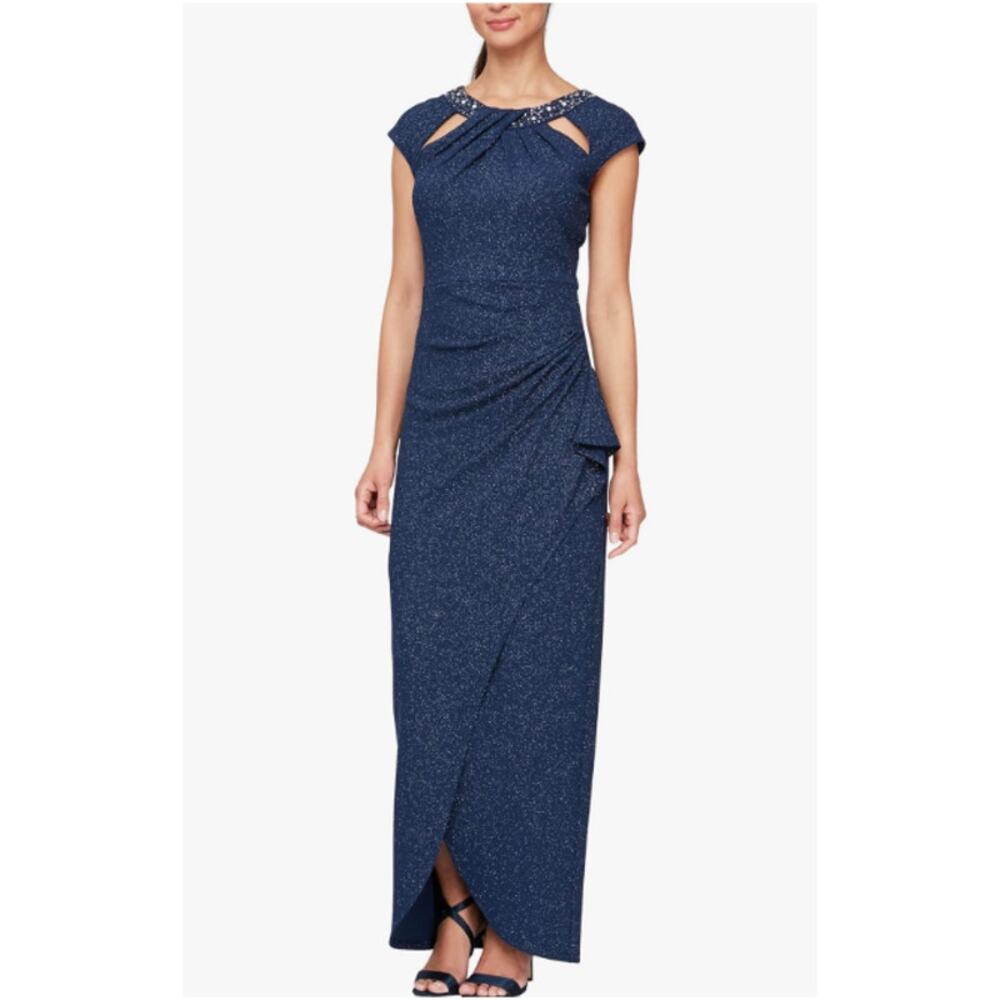NEW NWT SLNY Navy Blue Beaded Neck Sheath Dress Elegant Formal Womens Size 16P